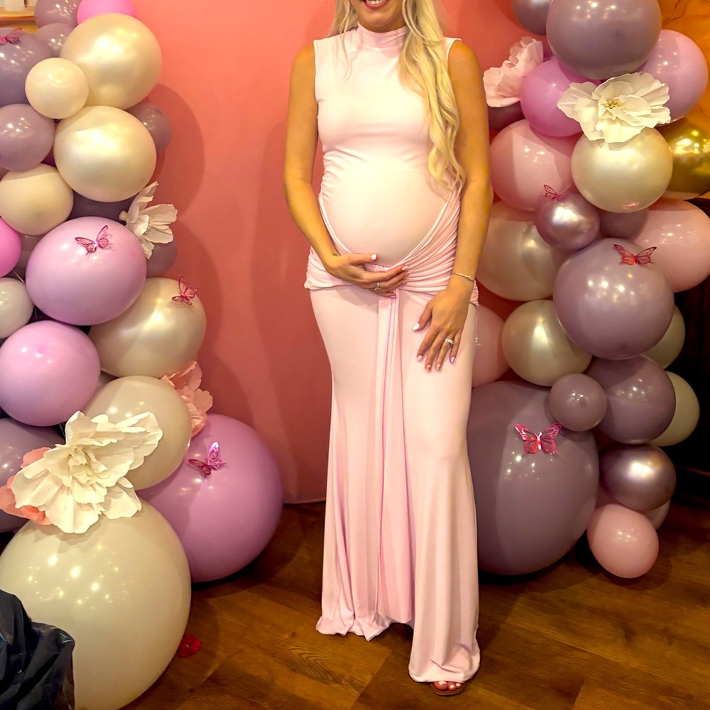 GRAZIANA PINK HIGH-NECK GATHERED DRAPED MAXI DRESS